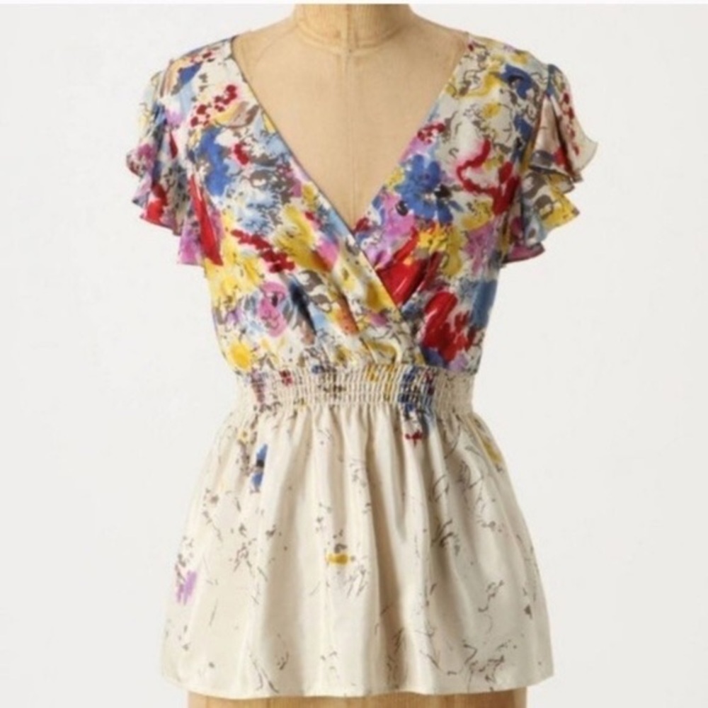 ANTHROPOLOGIE Edme & Esyllte 100% Silk Watercolor Floral Flutter Sleeve Blouse